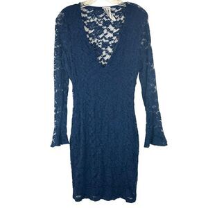 FREE PEOPLE LADIES REIGN OVER ME LACE MINI DRESS LARGE BLUE WHIMSY GOTH OB484377